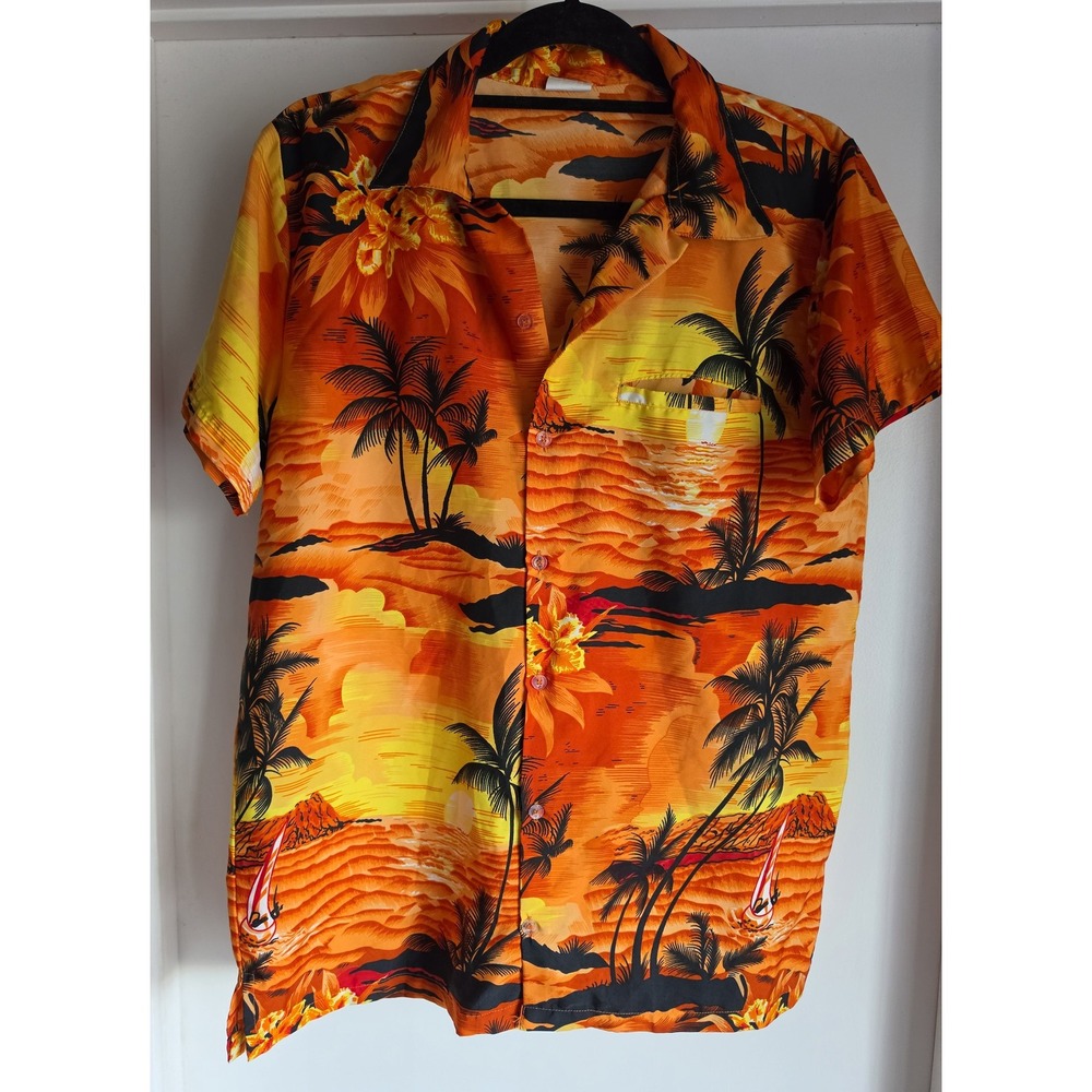King Kameha Men M Tropical Hawaiian Shirt Orange Yellow Black Resort Casual